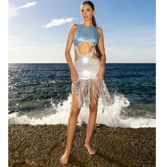 NWT AMY LYNN Annabelle Cut Out Sequin Fringe Dress Coastal Cowgirl Size M - Picture 5 of 15